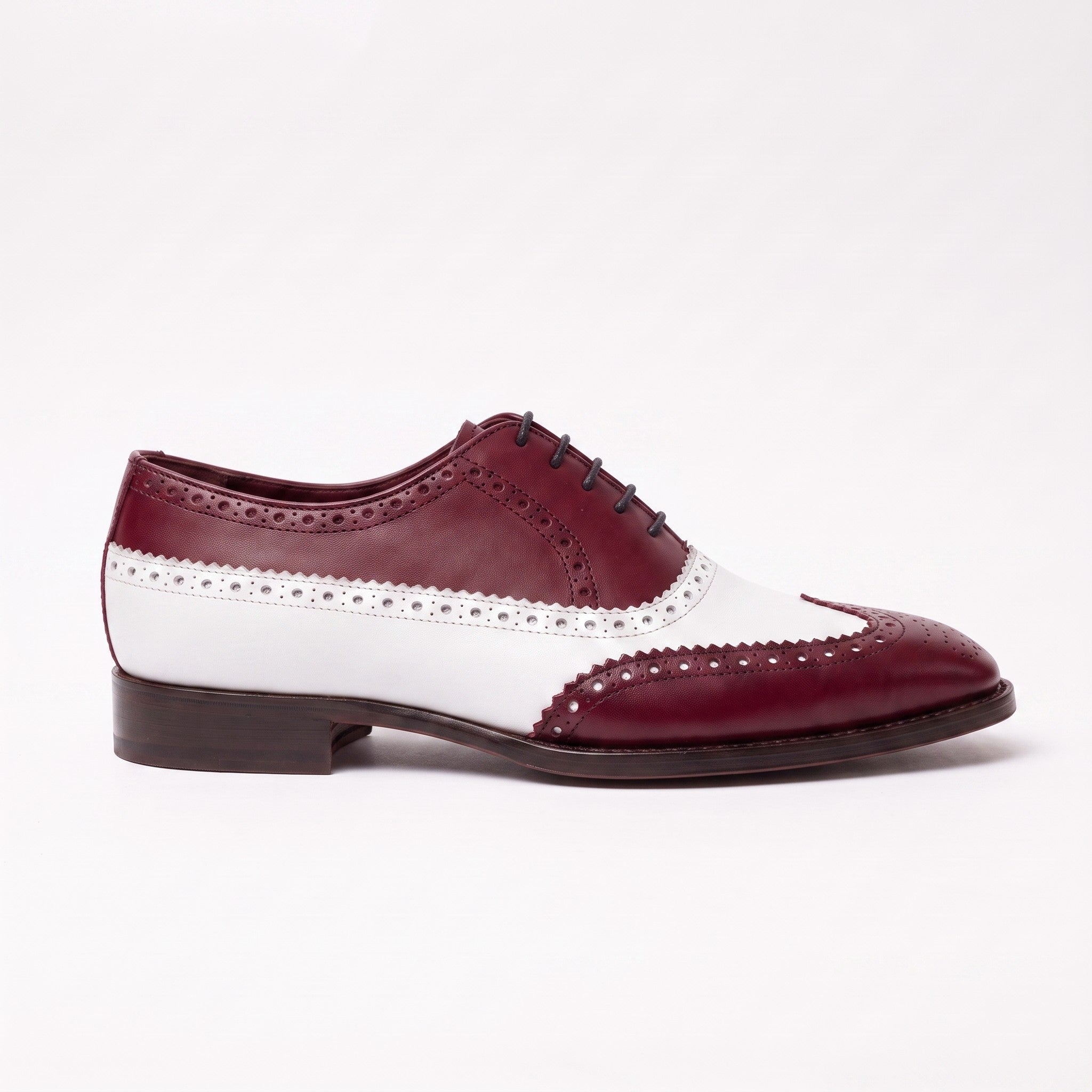 Men's Burgundy and White Wingtip Leather Spectator Oxfords — Bridgham
