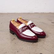 Men's Burgundy and White Plain-Toe Leather Spectator Penny Loafers — Connell