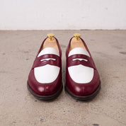 Men's Burgundy and White Plain-Toe Leather Spectator Penny Loafers — Connell