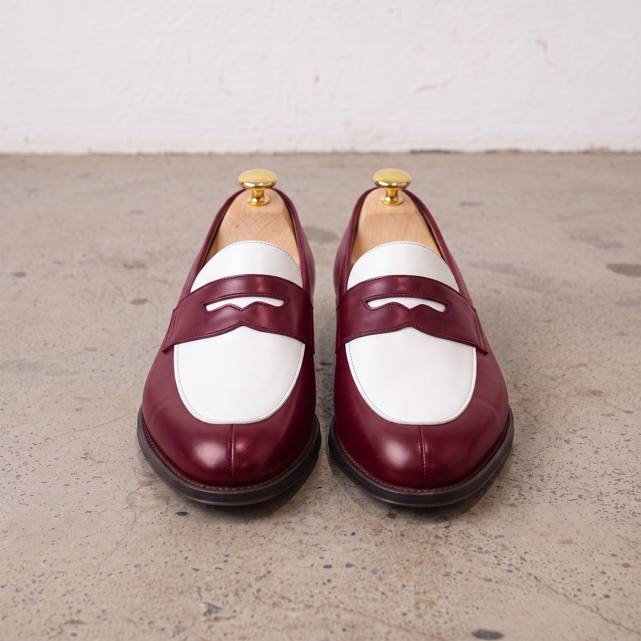 Men's Burgundy and White Plain-Toe Leather Spectator Penny Loafers — Connell