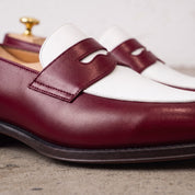 Men's Burgundy and White Plain-Toe Leather Spectator Penny Loafers — Connell