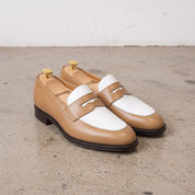 Men's Tan and White Plain-Toe Leather Spectator Penny Loafers — Connell