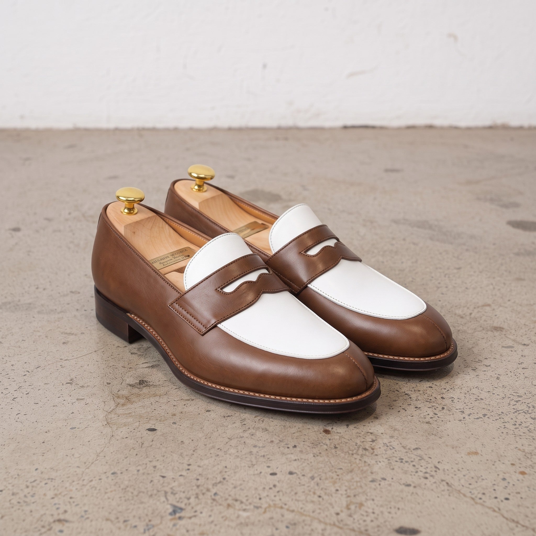 Men's Brown and White Plain-Toe Leather Spectator Penny Loafers — Connell