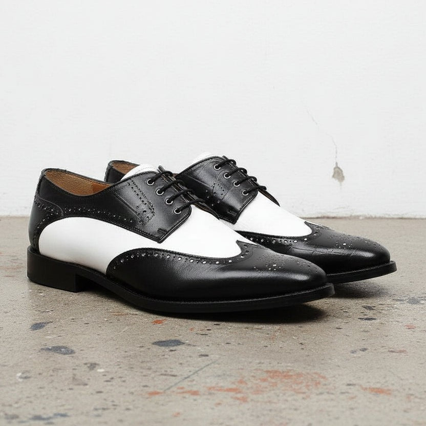 Men's Black and White Spectator Wingtip Leather Derby Shoes — Rugeley