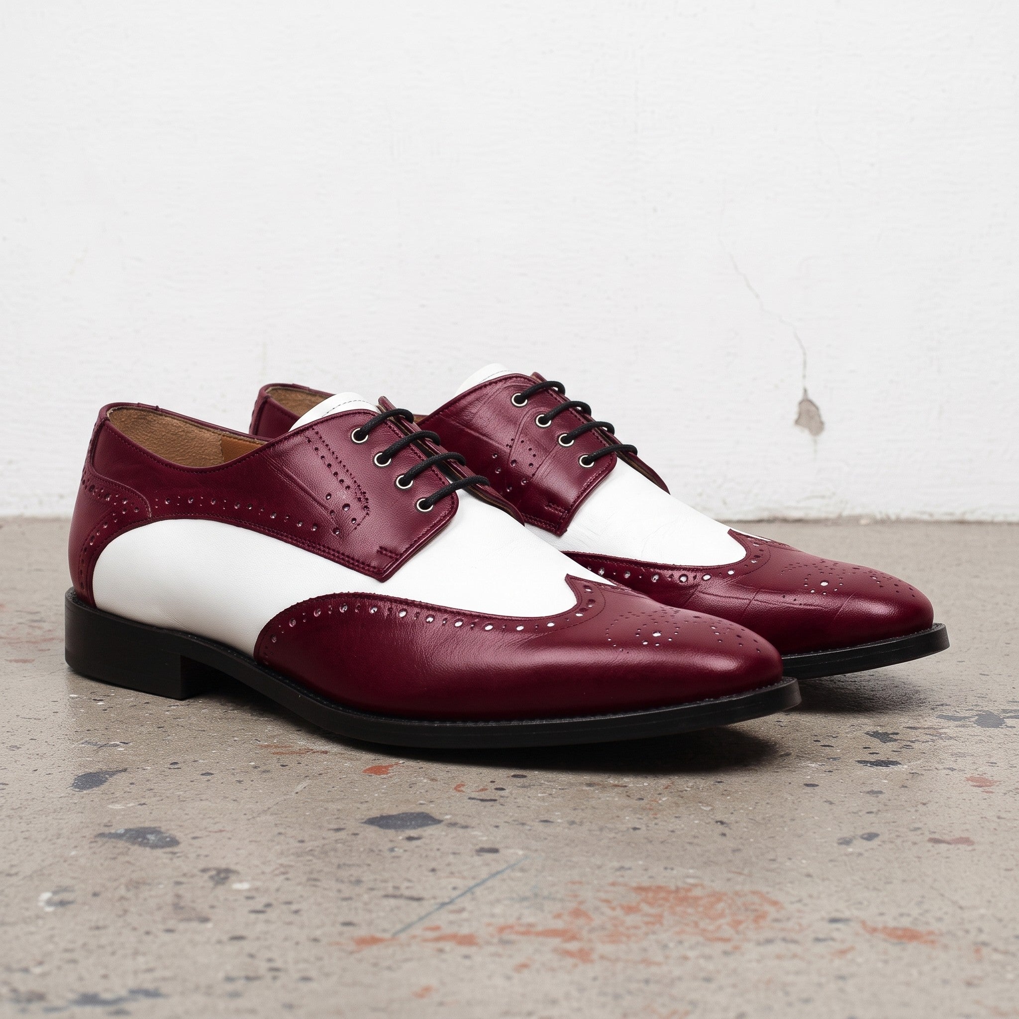 Men's Burgundy and White Spectator Wingtip Leather Derby Shoes — Rugeley