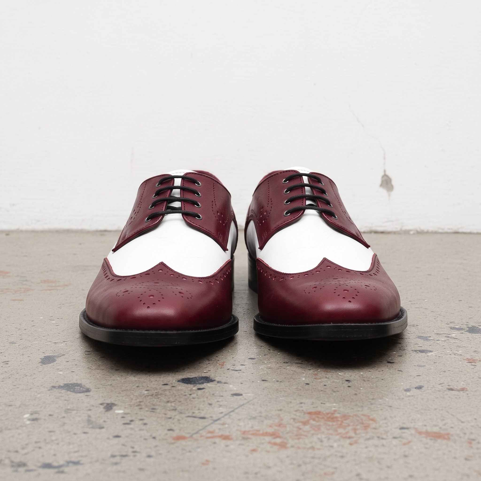 Men's Burgundy and White Spectator Wingtip Leather Derby Shoes — Rugeley