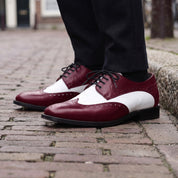 Men's Burgundy and White Spectator Wingtip Leather Derby Shoes — Rugeley