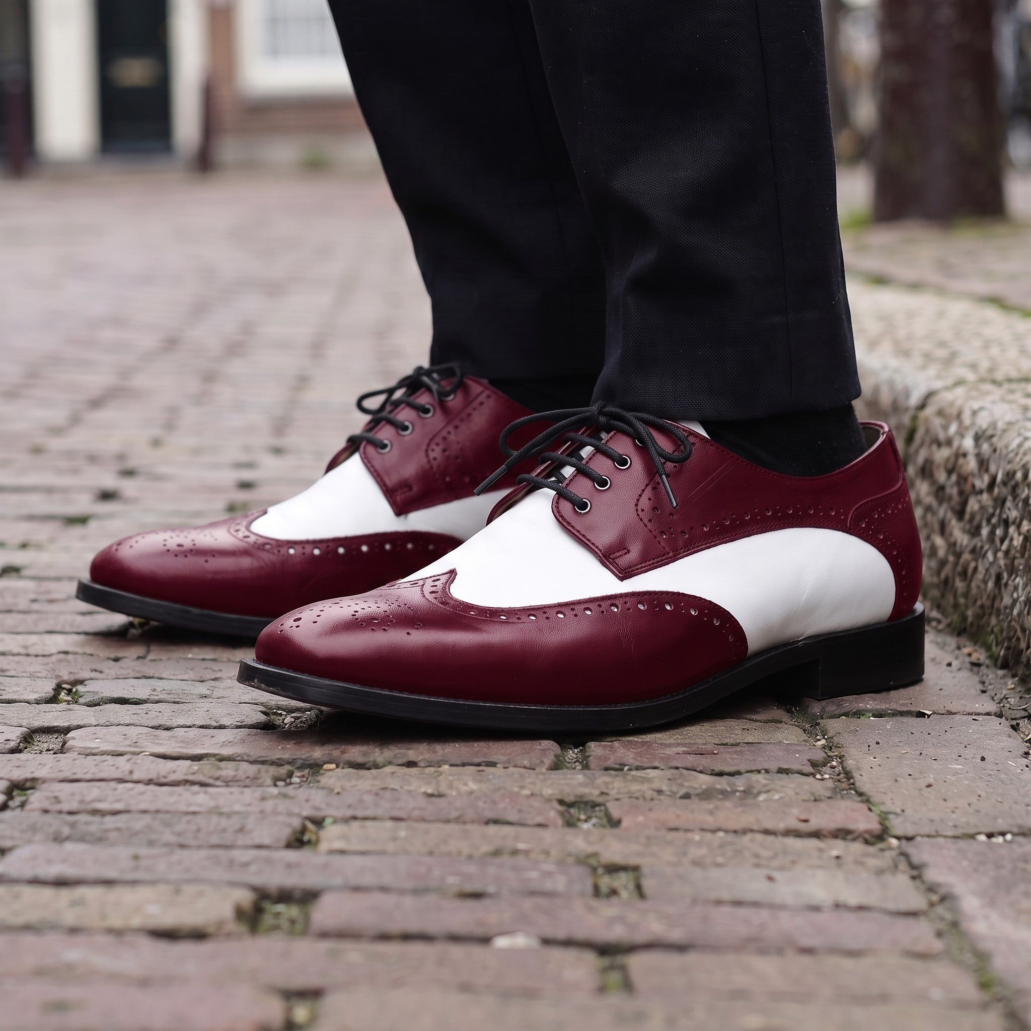 Men's Burgundy and White Spectator Wingtip Leather Derby Shoes — Rugeley