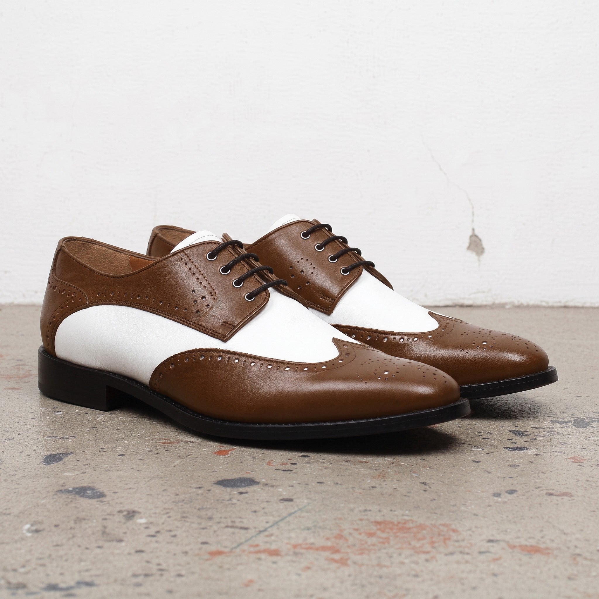 Men's Brown and White Spectator Wingtip Leather Derby Shoes — Rugeley