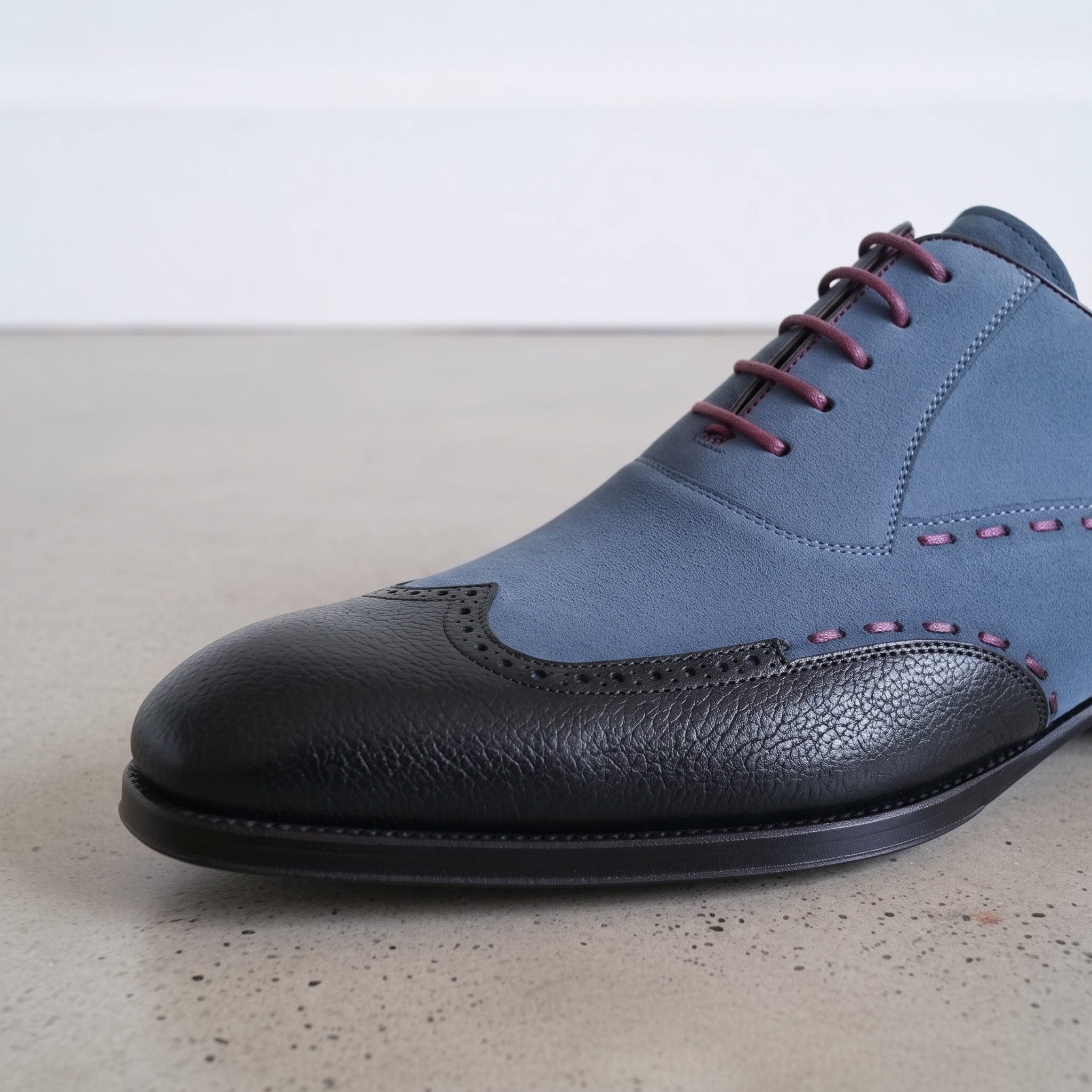 Men's Blue and Black Wingtip Leather Oxfords — Heron