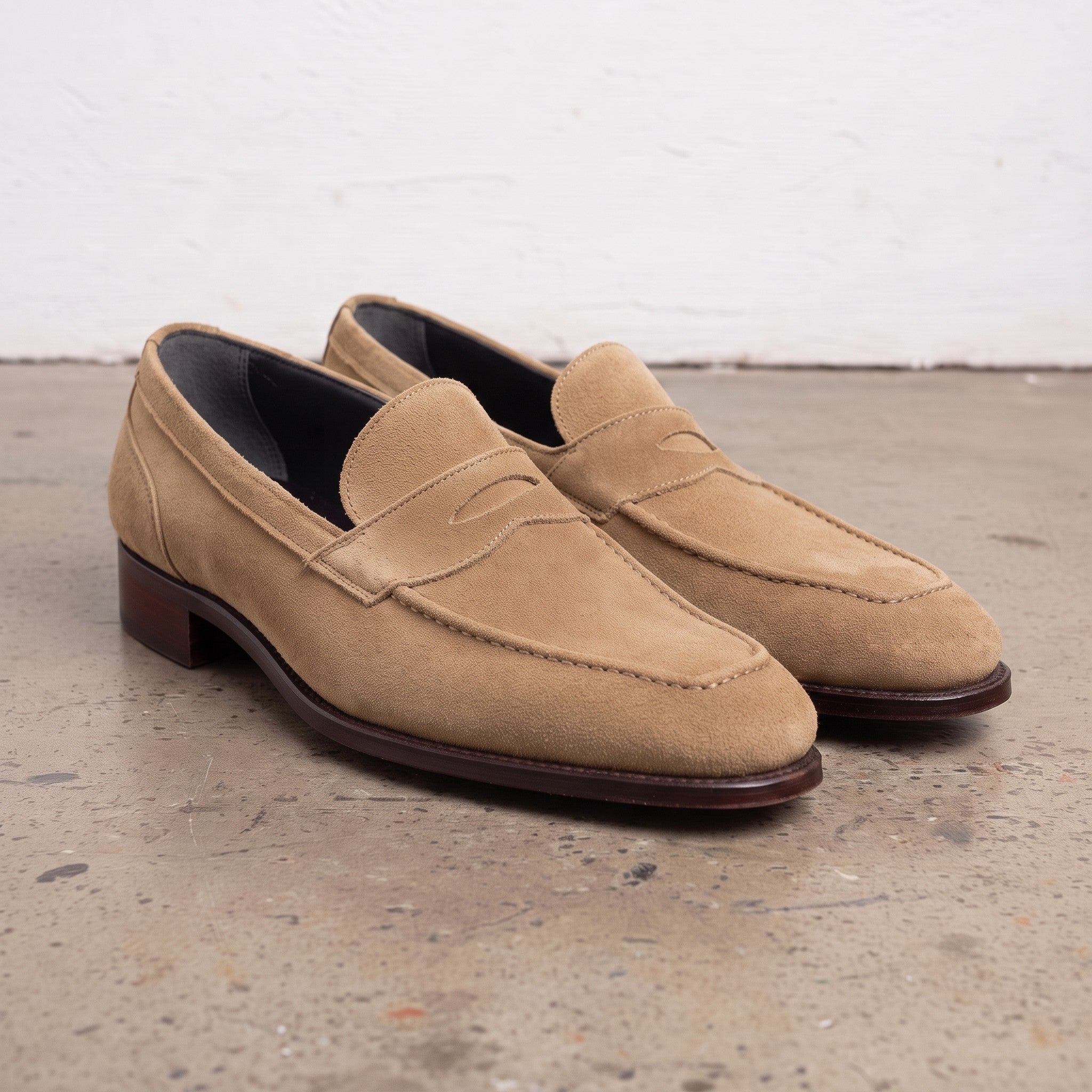 Men's Tan Apron-Toe Suede Penny Loafers — Loughton