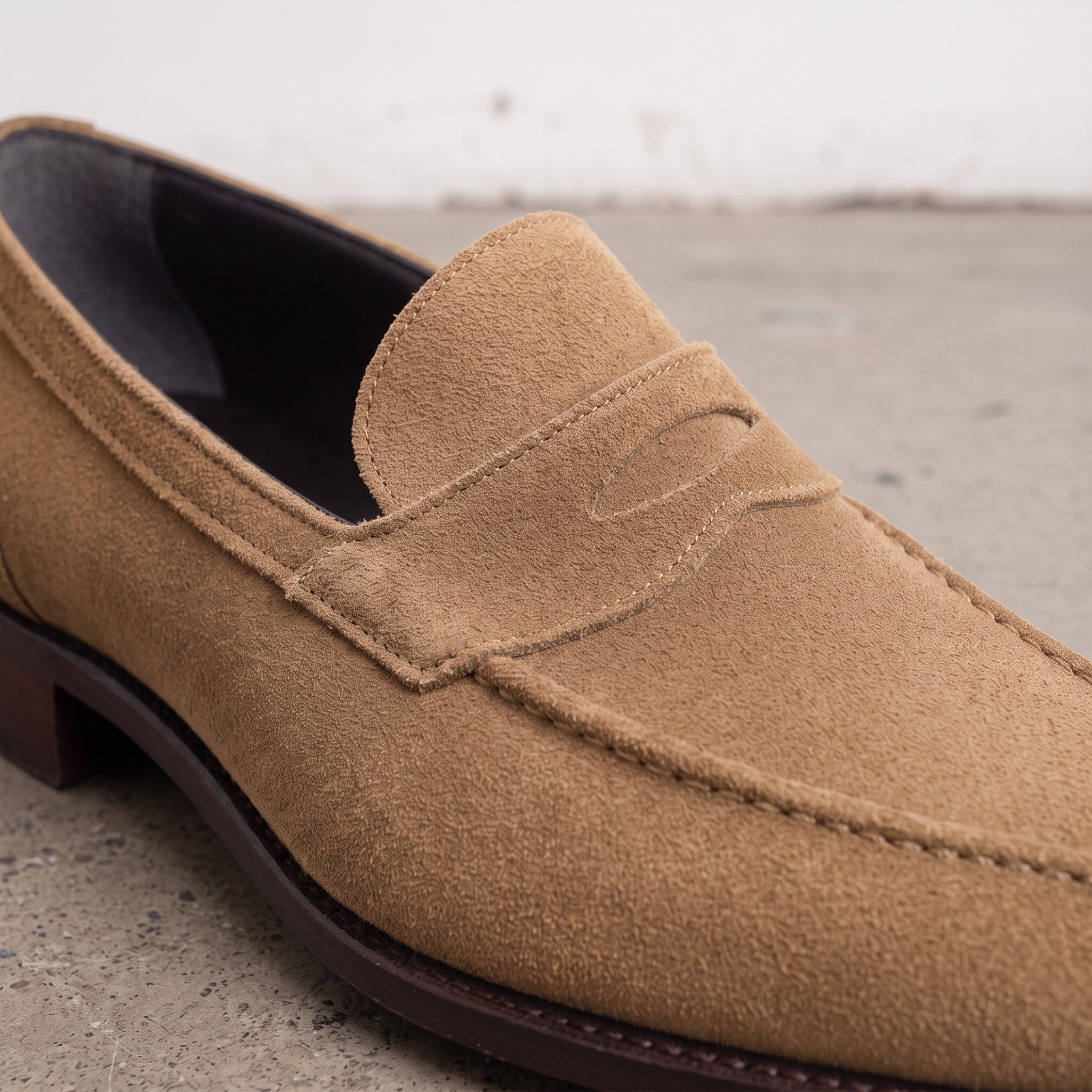 Men's Tan Apron-Toe Suede Penny Loafers — Loughton