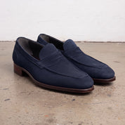 Men's Navy Blue Apron-Toe Suede Penny Loafers — Loughton