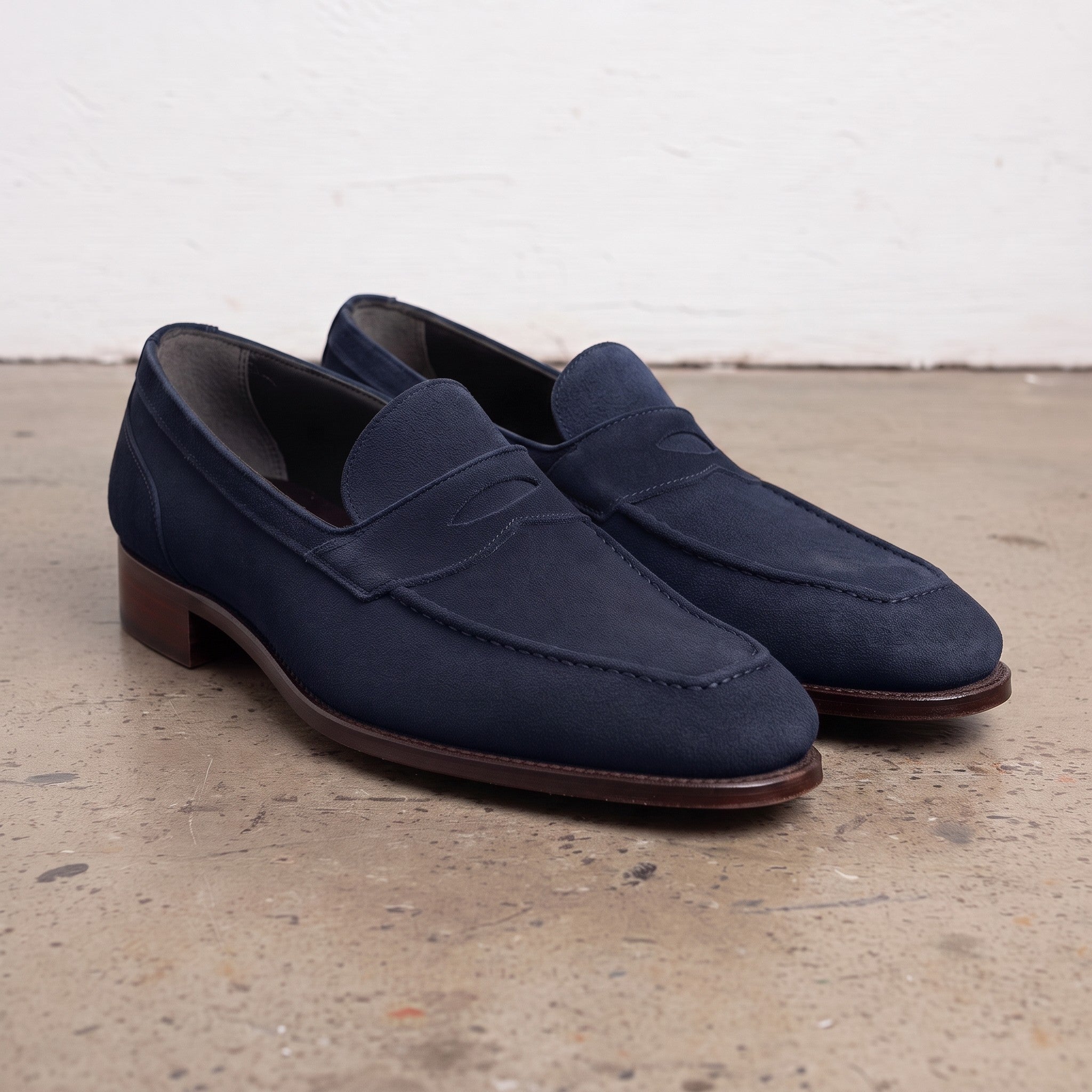 Men's Navy Blue Apron-Toe Suede Penny Loafers — Loughton