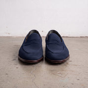 Men's Navy Blue Apron-Toe Suede Penny Loafers — Loughton