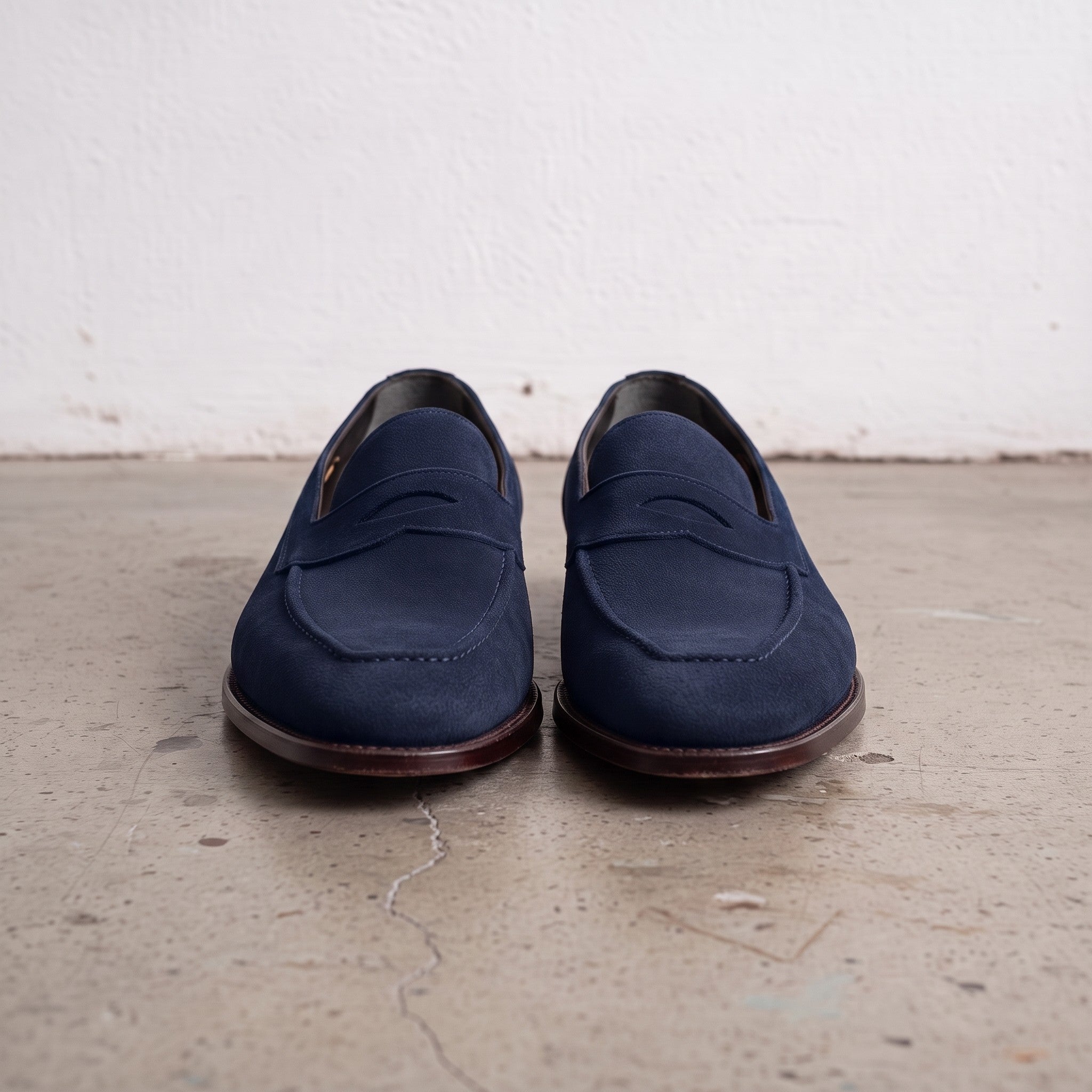 Men's Navy Blue Apron-Toe Suede Penny Loafers — Loughton