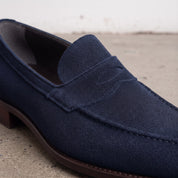 Men's Navy Blue Apron-Toe Suede Penny Loafers — Loughton