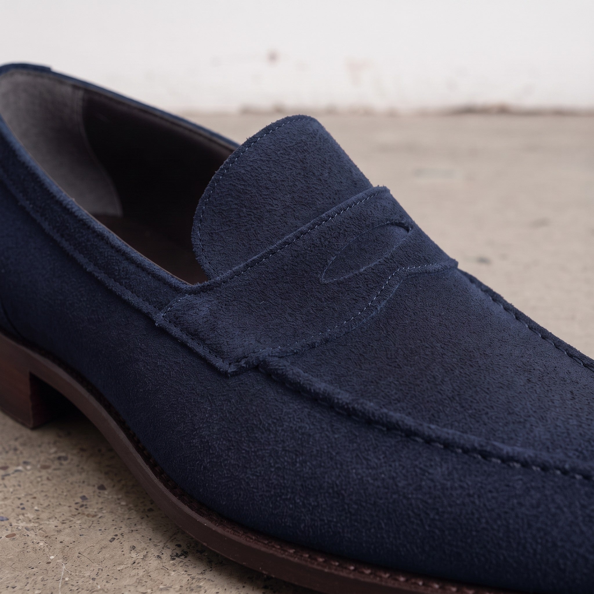 Men's Navy Blue Apron-Toe Suede Penny Loafers — Loughton