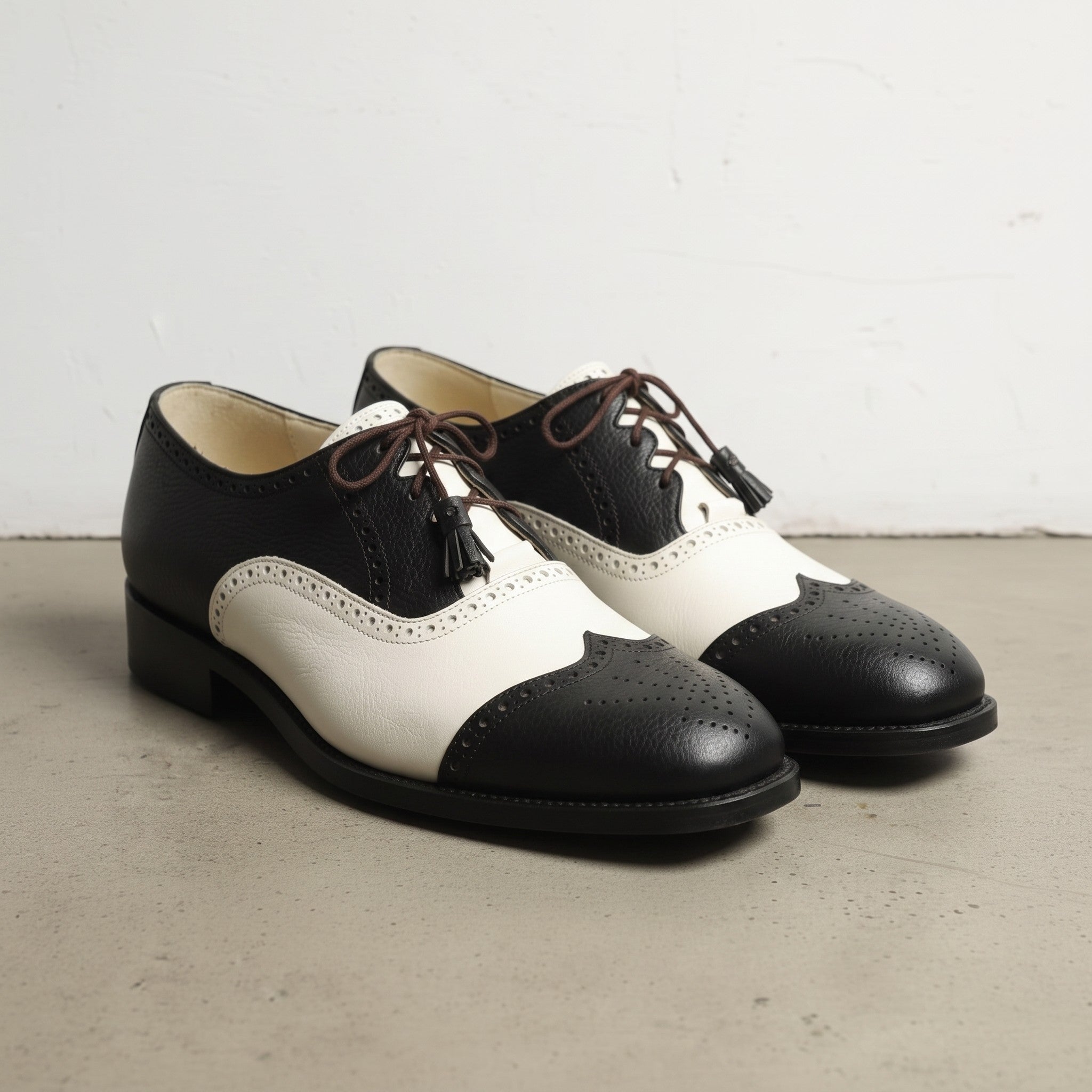 Men's Black and White Wingtip Leather Spectator Oxfords — Wedgwood