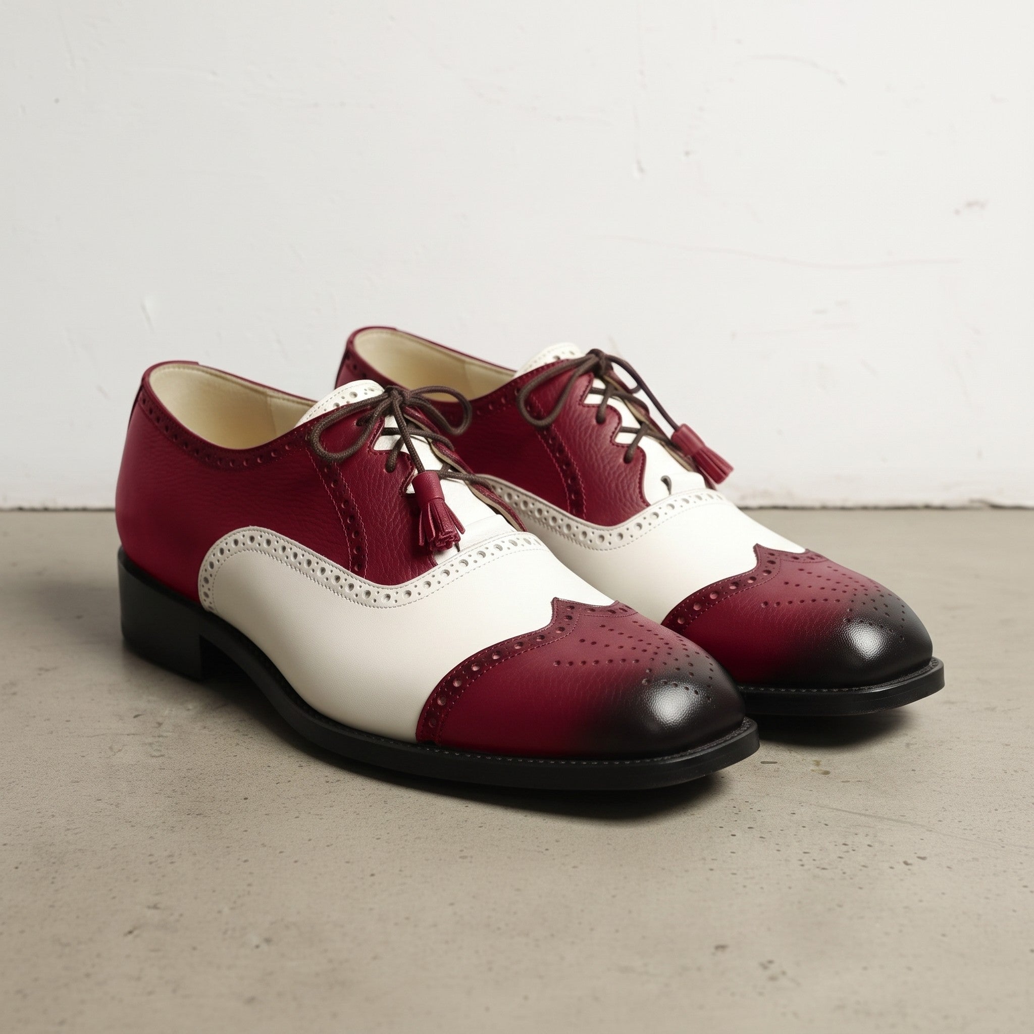 Men's Burgundy and White Wingtip Leather Spectator Oxfords — Wedgwood