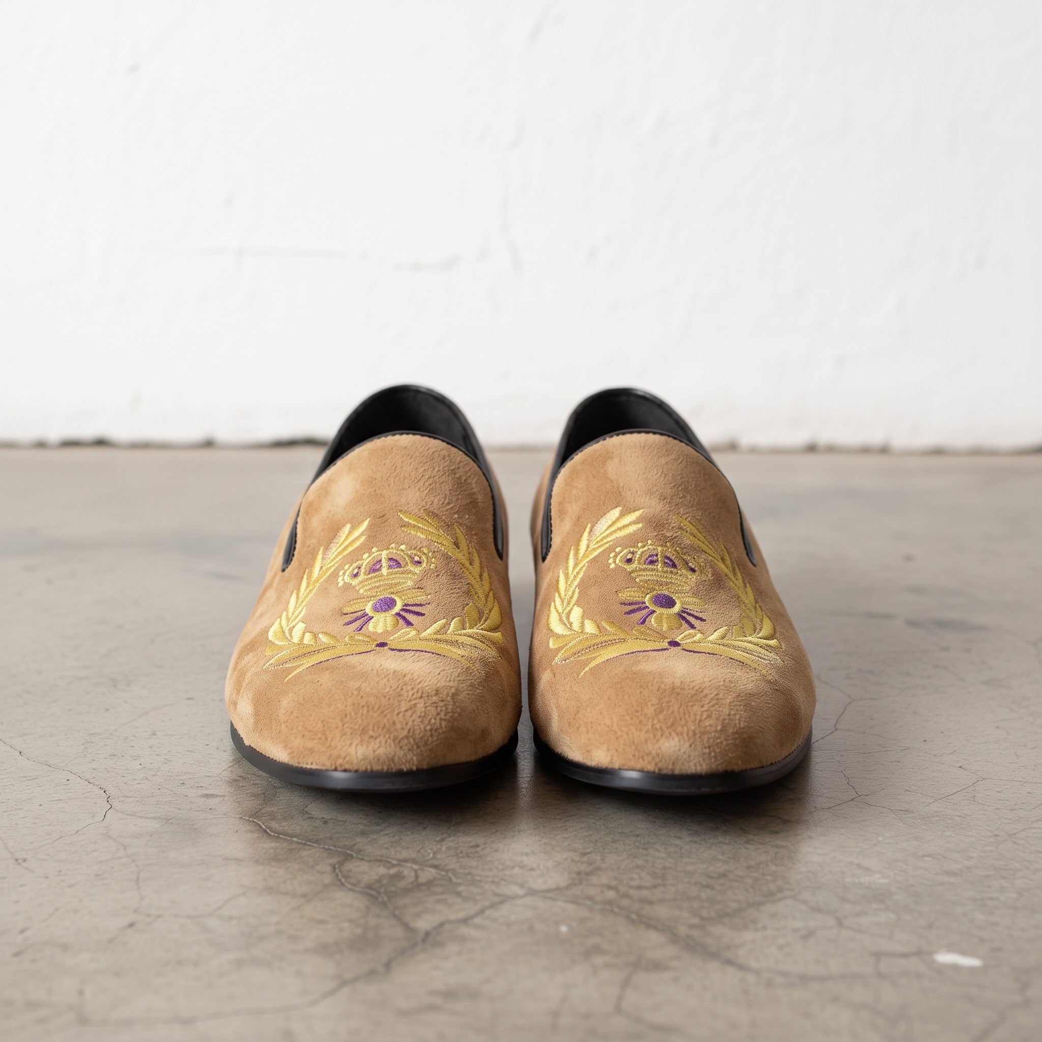 Men's Tan Embroidered Suede Loafers — Alciston