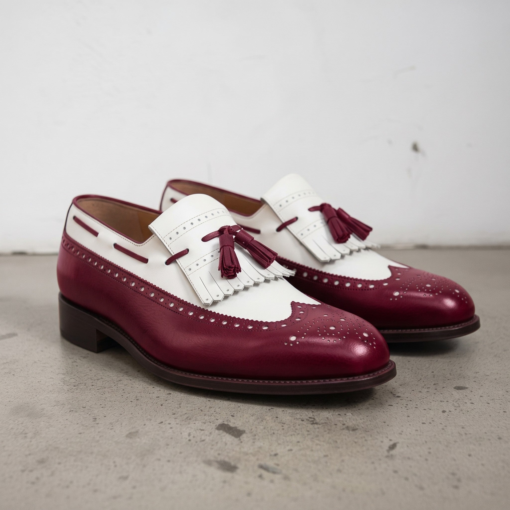 Men's Burgundy and White Wingtip Leather Tassel Loafers — Rowe
