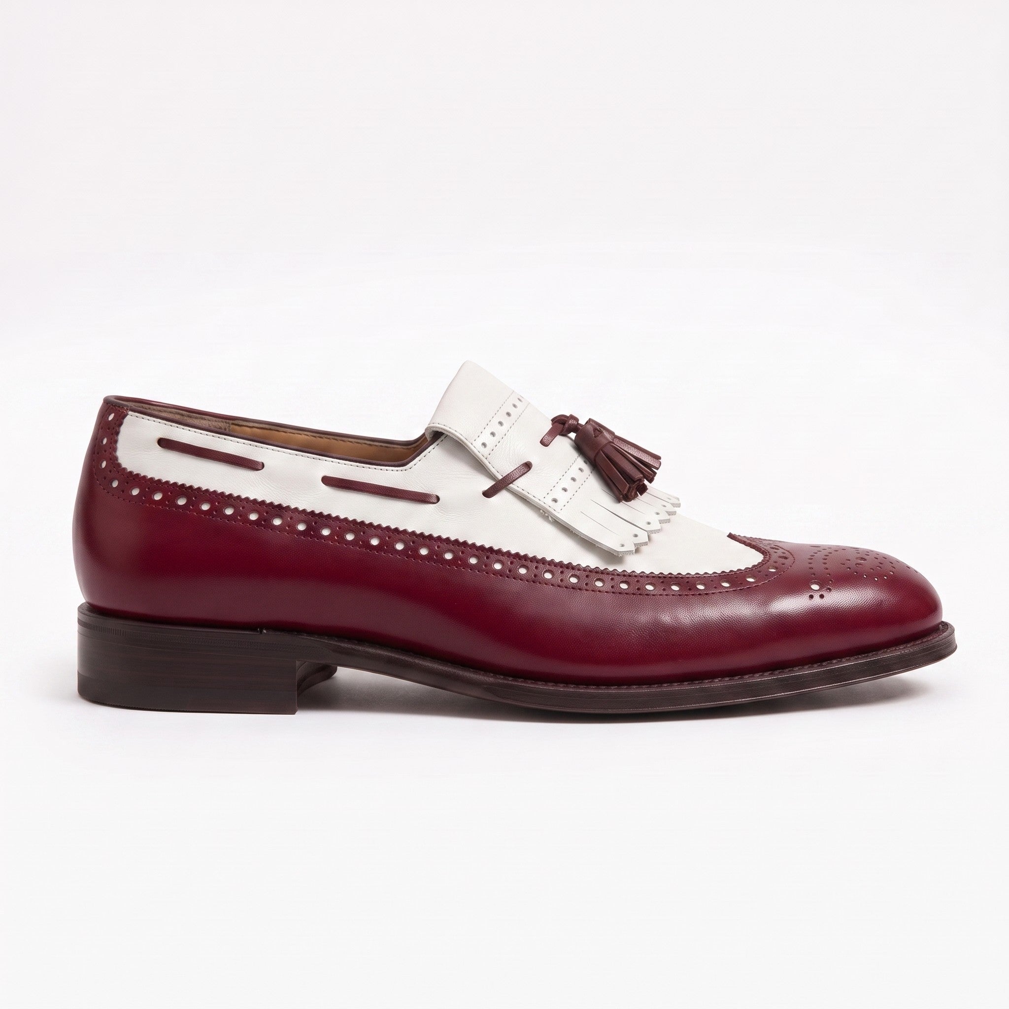 Men's Burgundy and White Wingtip Leather Tassel Loafers — Rowe