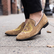 Men's Tan Embroidered Suede Loafers — Alciston