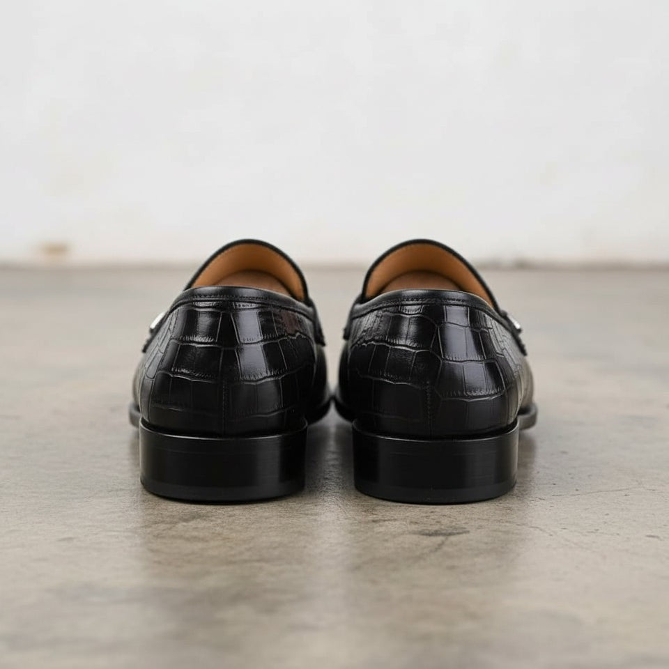 Men's Black and White Two-Tone Alligator-Embossed Leather Penny Loafers — Fenmore