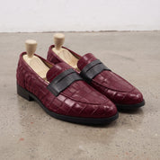Men's Burgundy and Black Crocodile-Embossed Leather Penny Loafers — Burdon