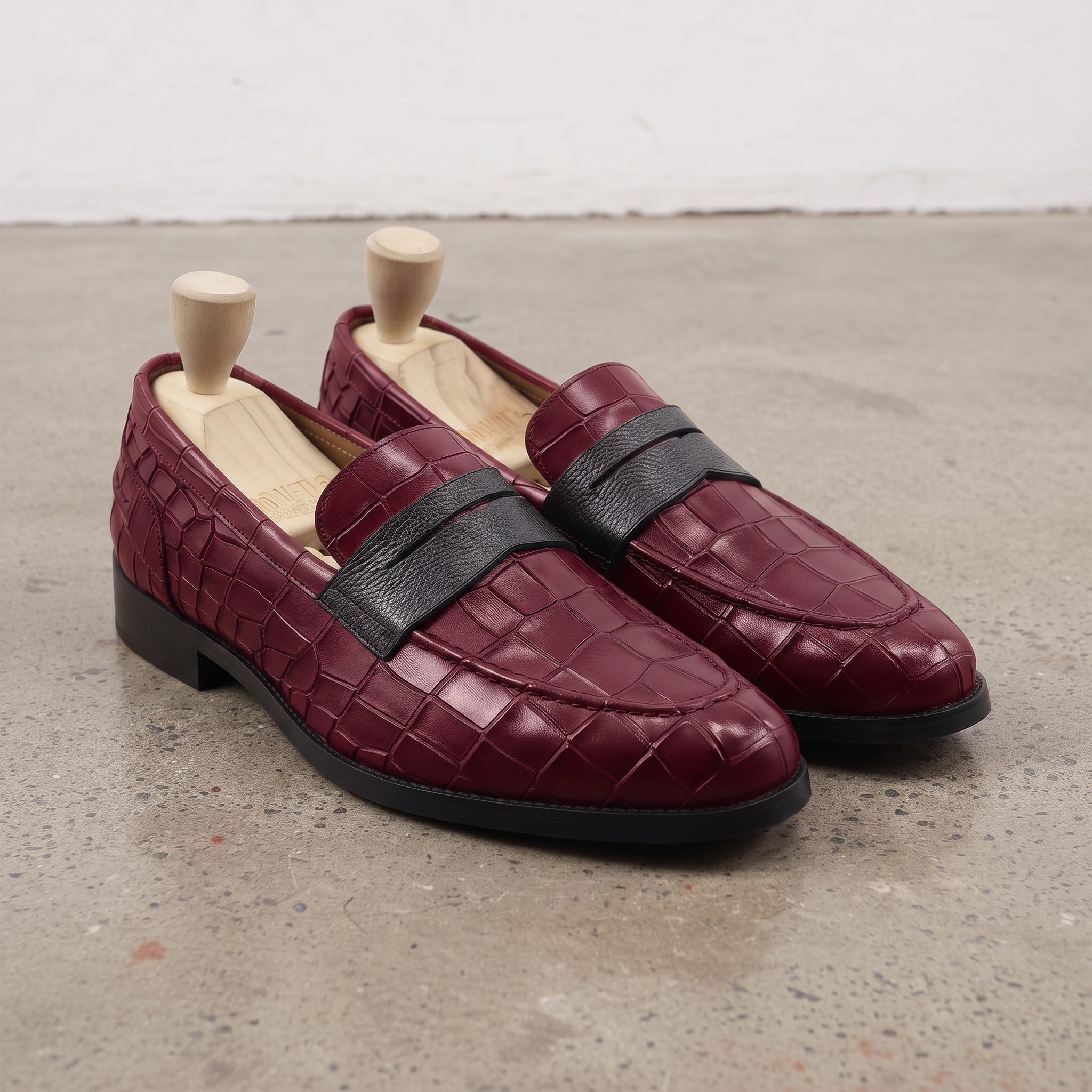 Men's Burgundy and Black Crocodile-Embossed Leather Penny Loafers — Burdon