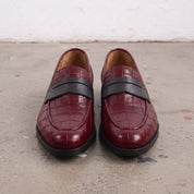 Men's Burgundy and Black Crocodile-Embossed Leather Penny Loafers — Burdon