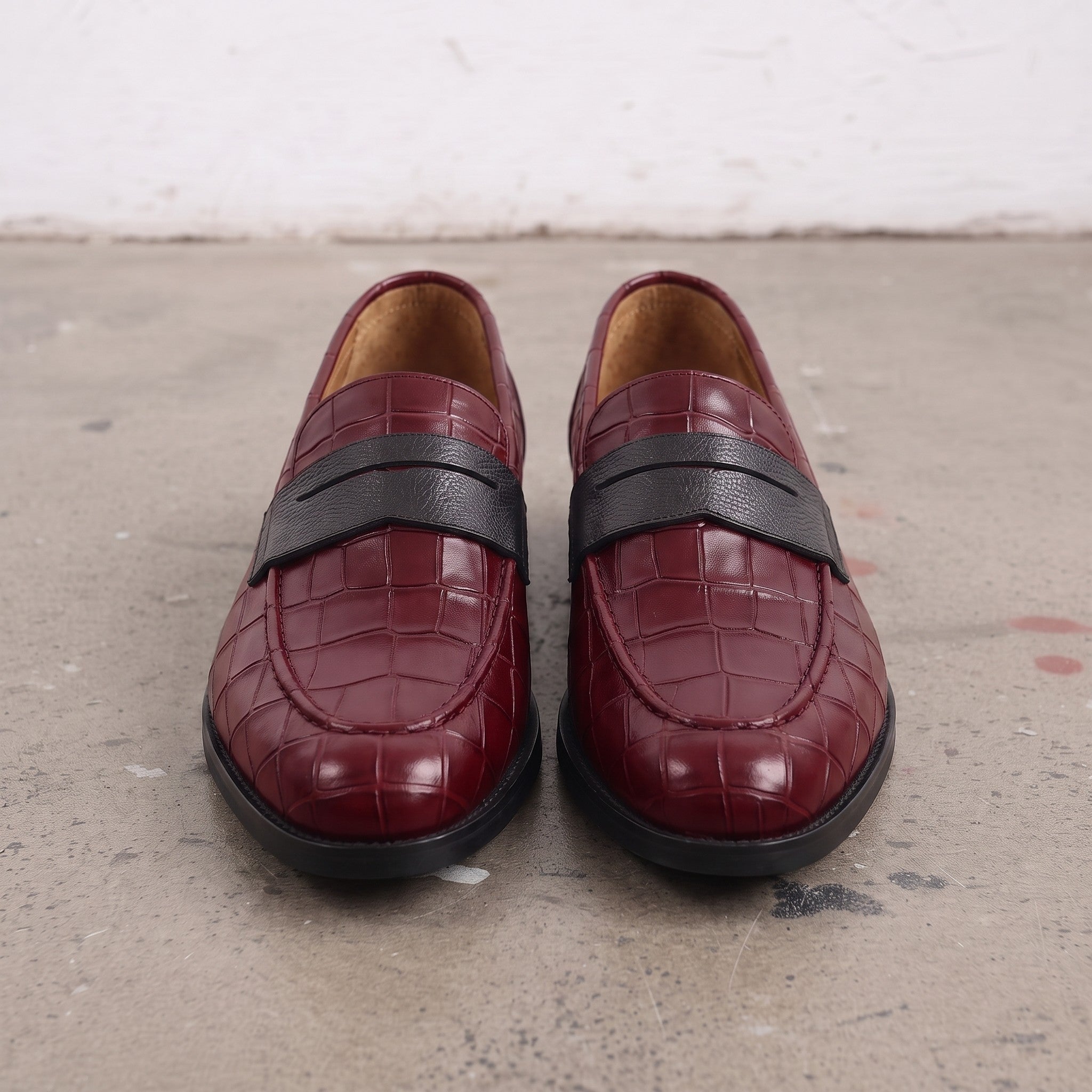 Men's Burgundy and Black Crocodile-Embossed Leather Penny Loafers — Burdon