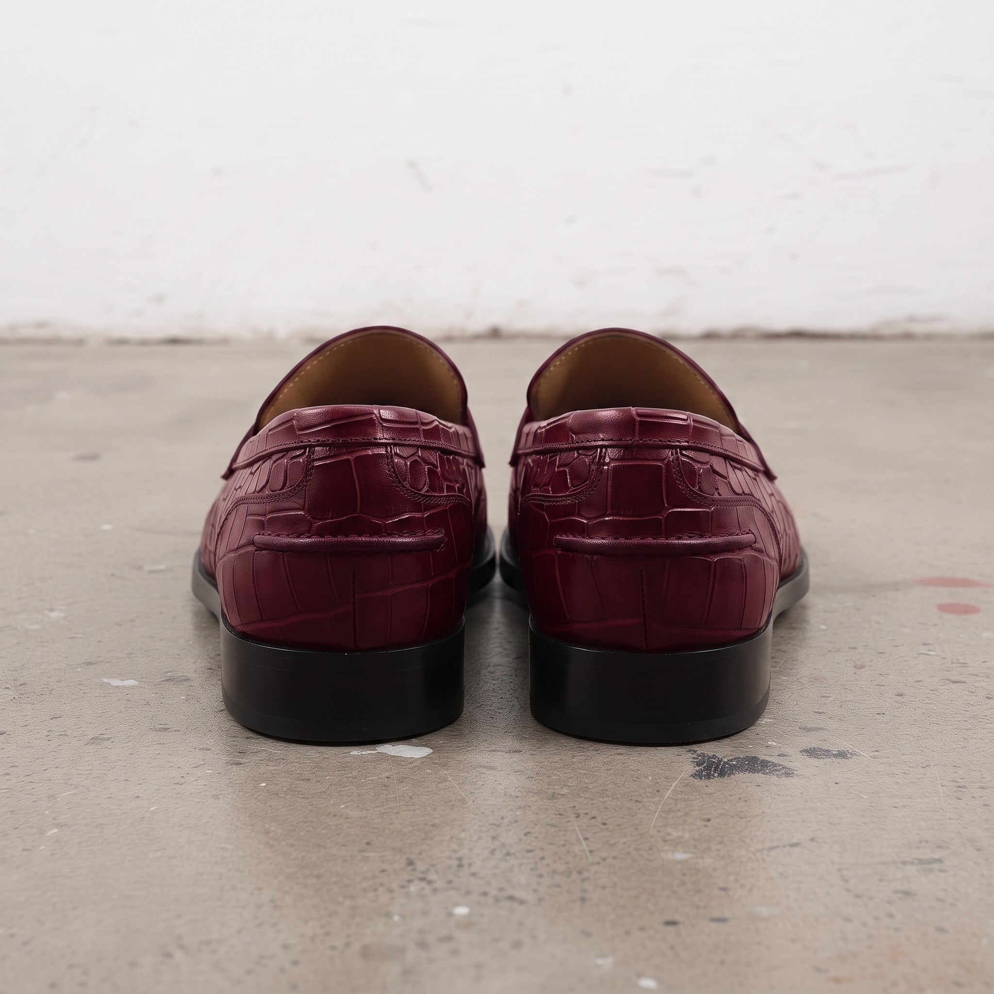 Men's Burgundy and Black Crocodile-Embossed Leather Penny Loafers — Burdon
