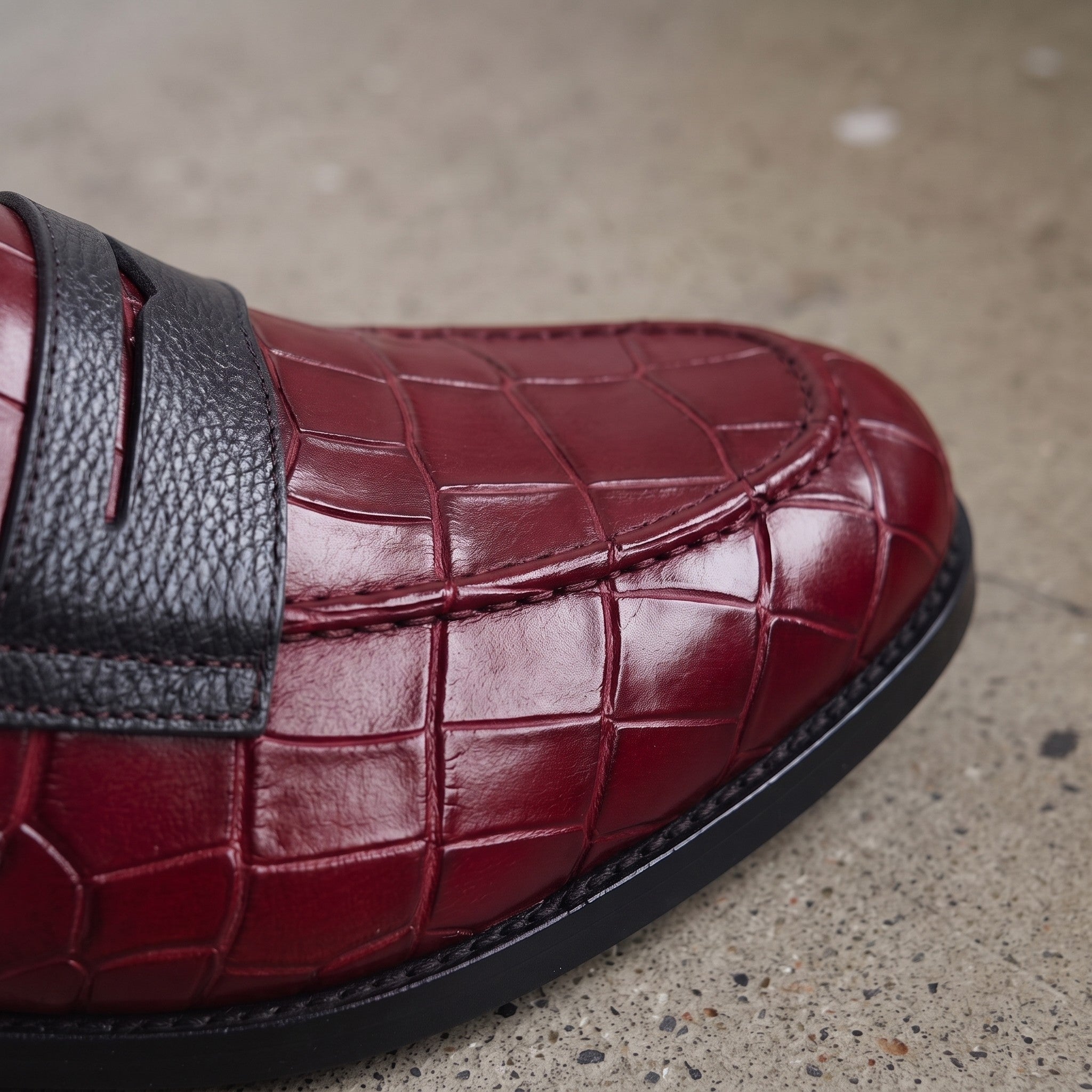 Men's Burgundy and Black Crocodile-Embossed Leather Penny Loafers — Burdon