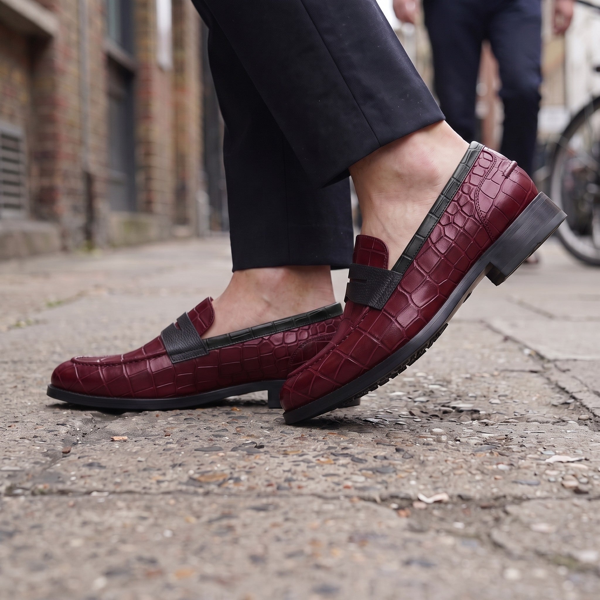 Men's Burgundy and Black Crocodile-Embossed Leather Penny Loafers — Burdon