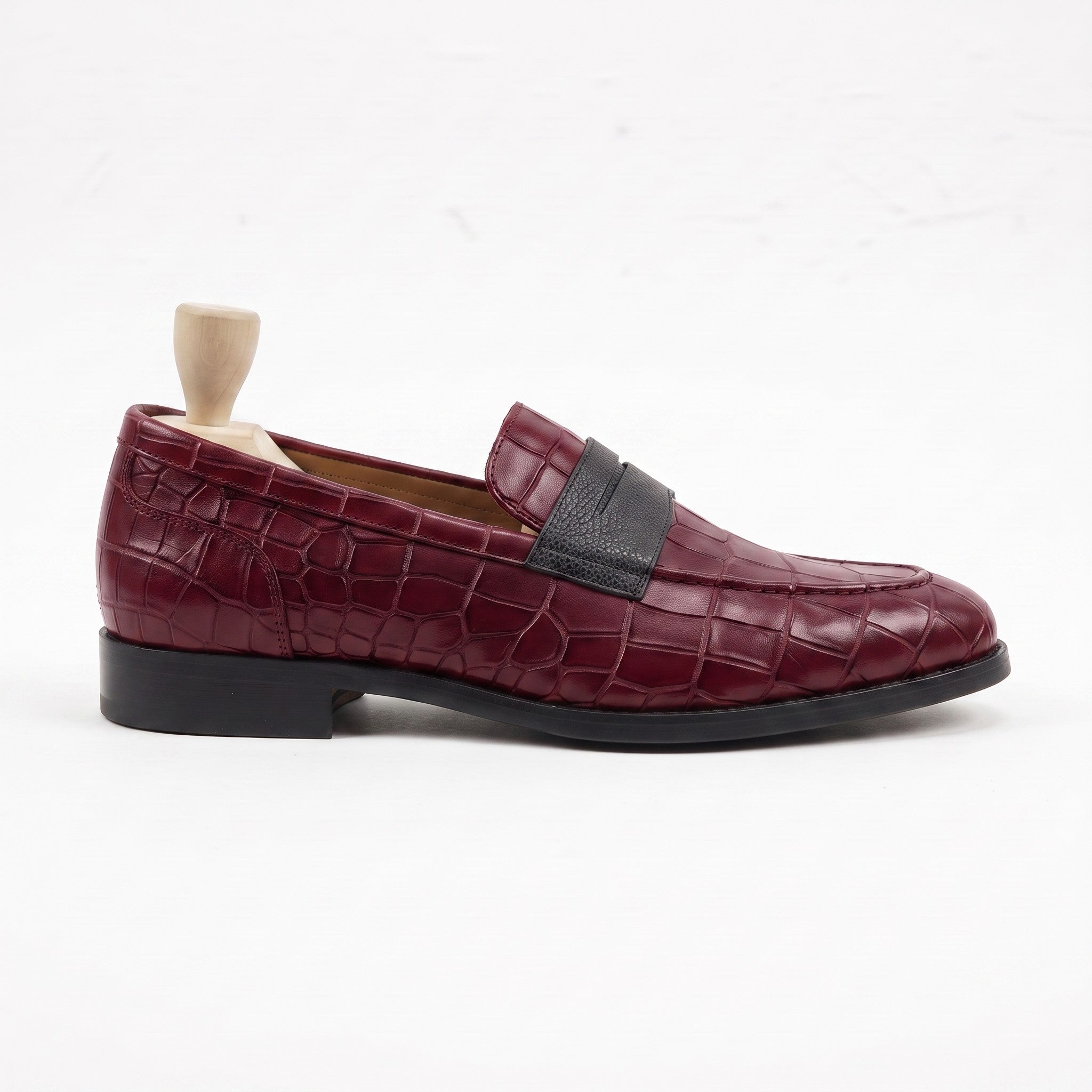 Men's Burgundy and Black Crocodile-Embossed Leather Penny Loafers — Burdon