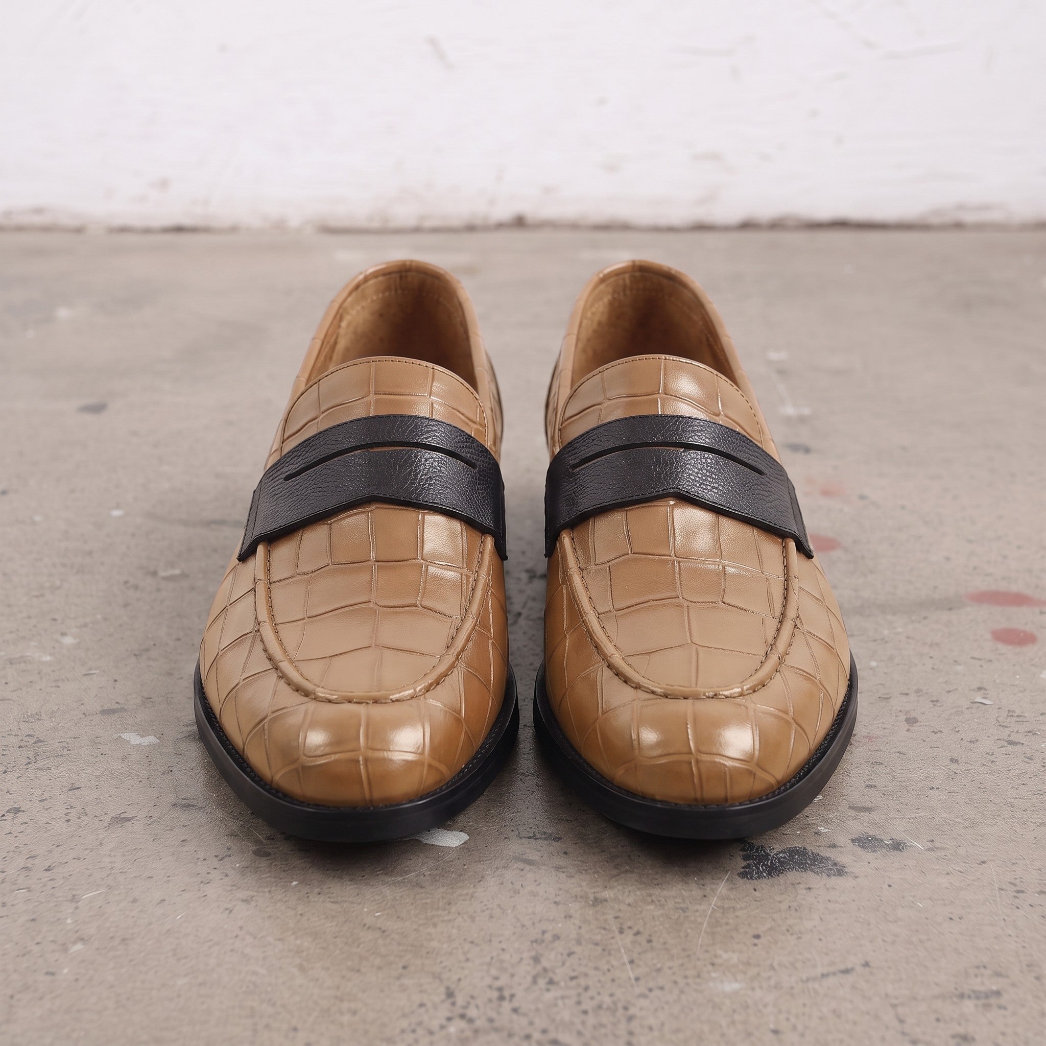 Men's Tan and Black Crocodile-Embossed Leather Penny Loafers — Burdon
