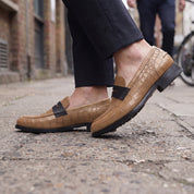 Men's Tan and Black Crocodile-Embossed Leather Penny Loafers — Burdon