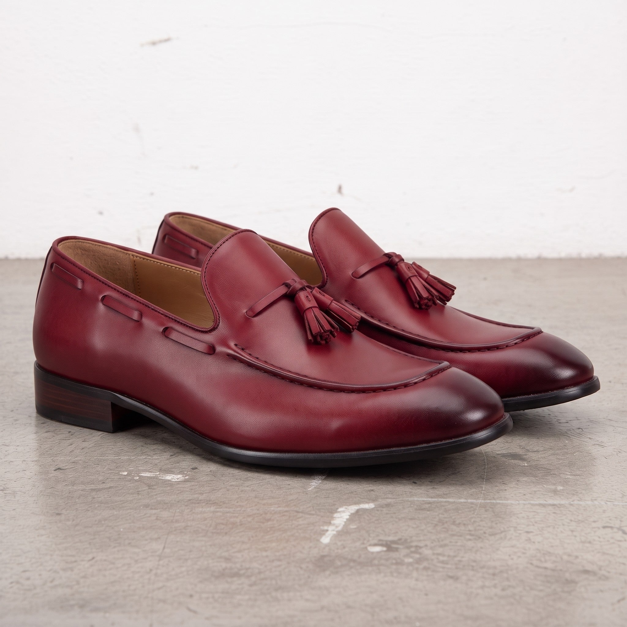 Men's Burgundy Apron-Toe Leather Tassel Loafers — Farncombe