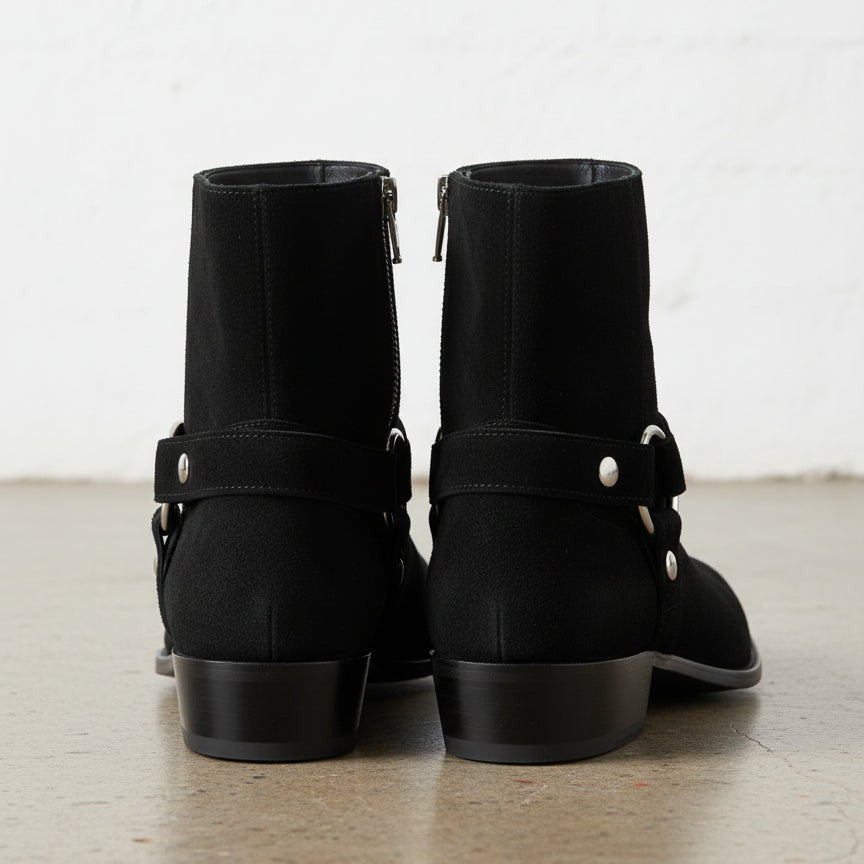 Men's Black Plain-Toe Suede Biker Boots — Anstead