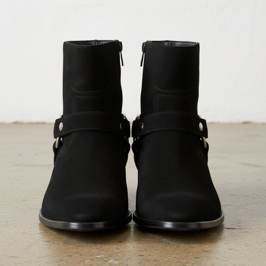 Men's Black Plain-Toe Suede Biker Boots — Anstead
