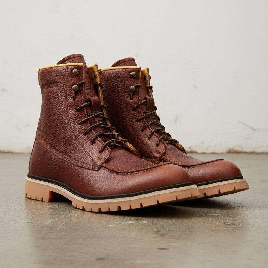Men's Brown Apron-Toe Pebbled Leather Biker Boots — Hunston