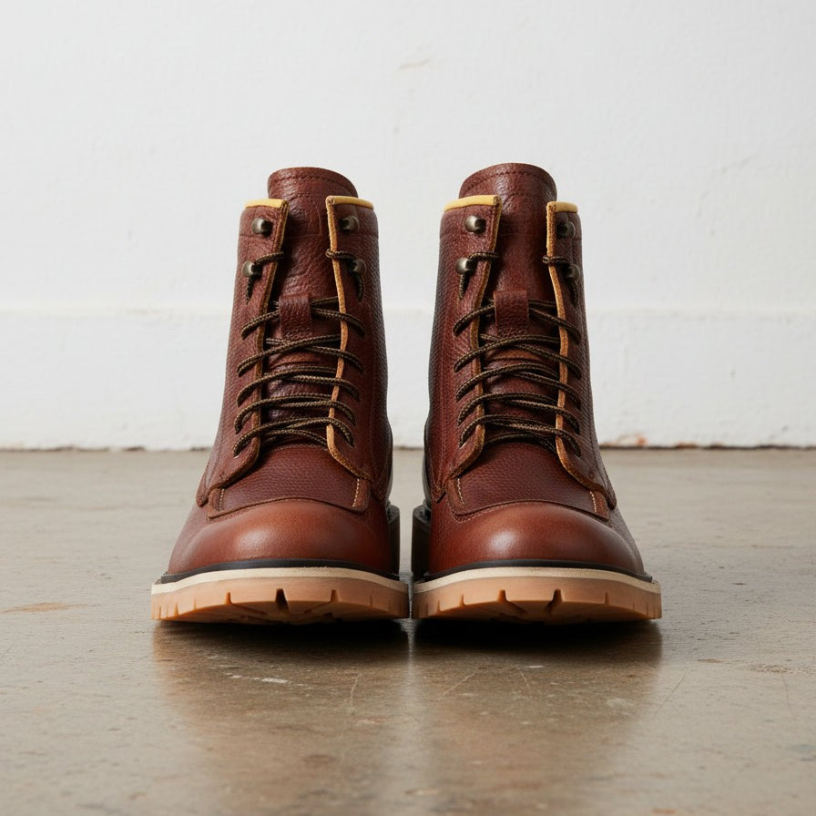 Men's Brown Apron-Toe Pebbled Leather Biker Boots — Hunston