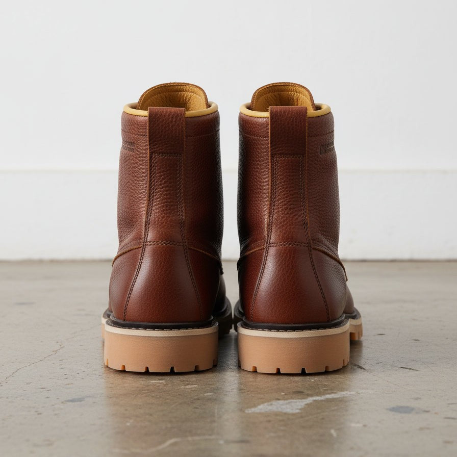 Men's Brown Apron-Toe Pebbled Leather Biker Boots — Hunston
