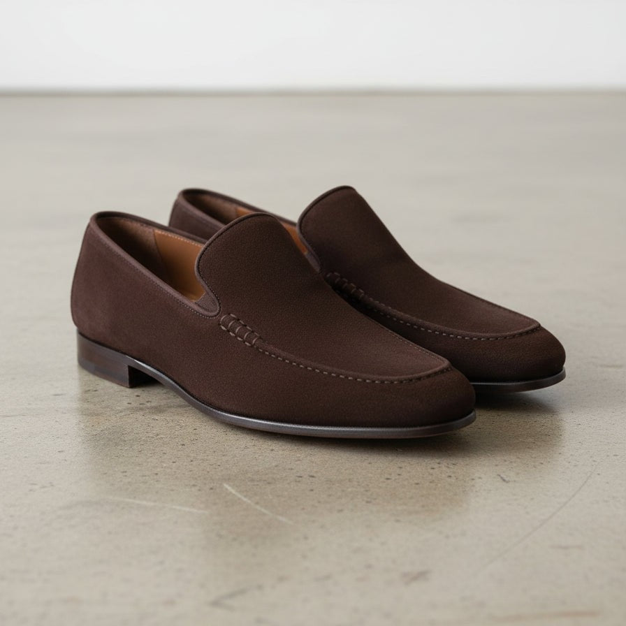 Men's Dark Brown Apron-Toe Suede Moccasins — Gofford