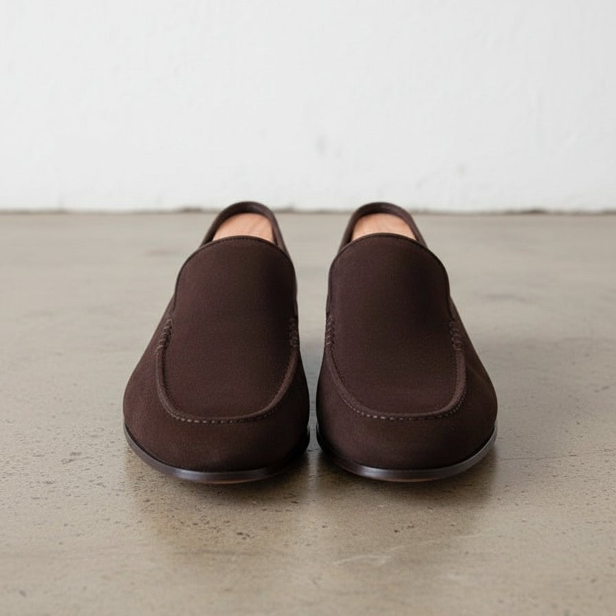 Men's Dark Brown Apron-Toe Suede Moccasins — Gofford