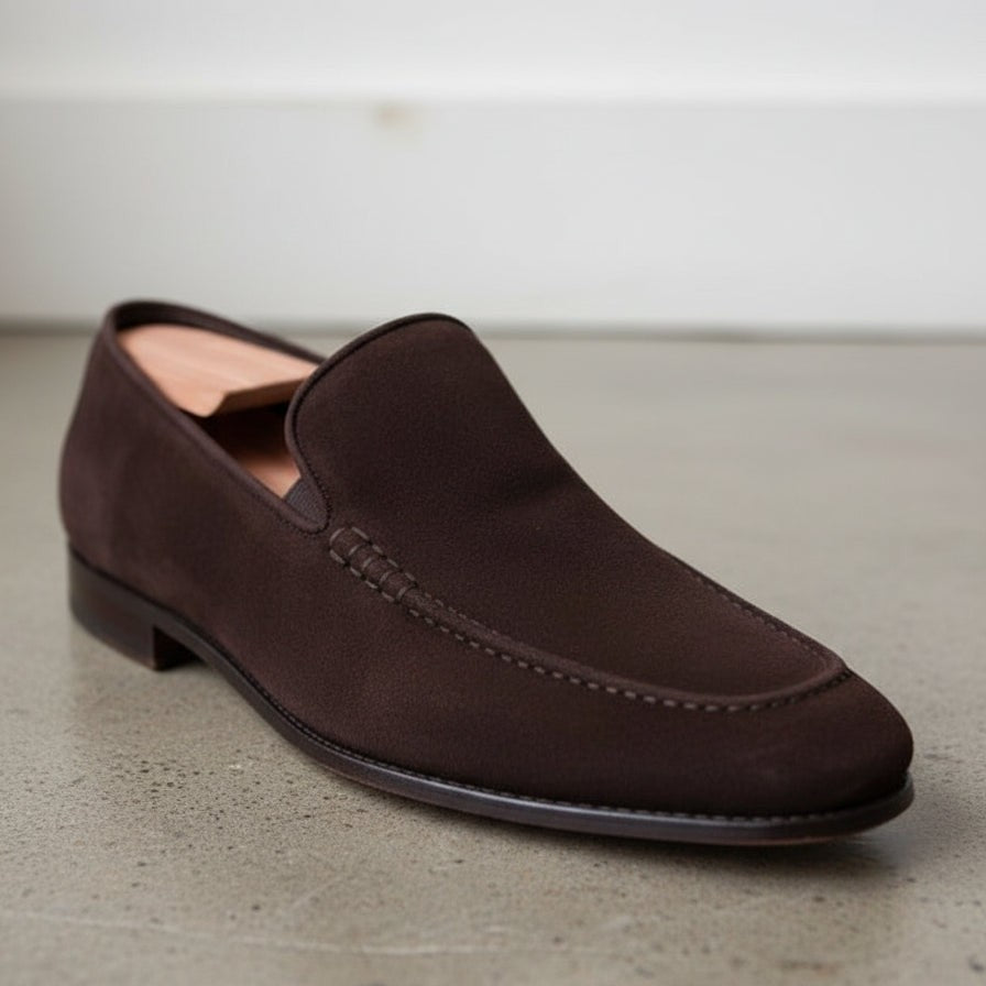Men's Dark Brown Apron-Toe Suede Moccasins — Gofford