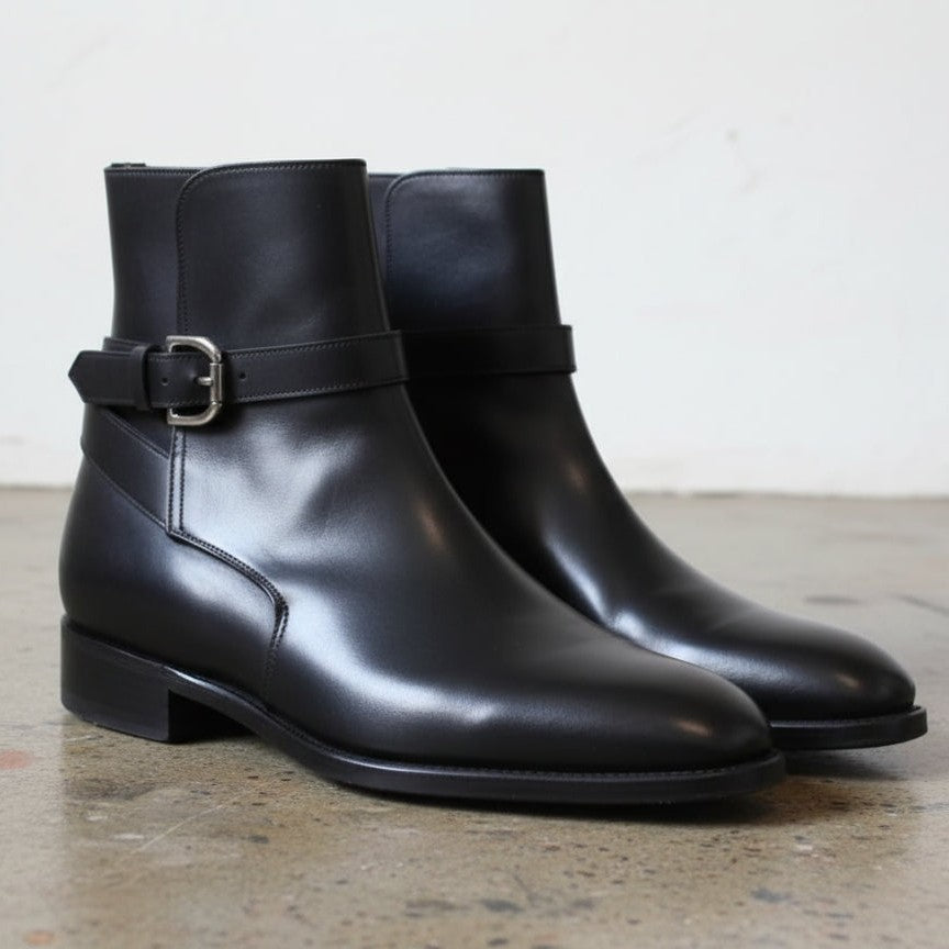 Men's Black Plain-Toe Leather Monk Boots — Barrowden