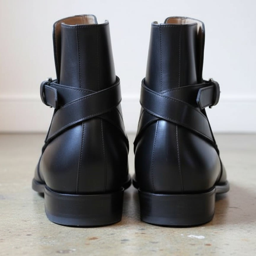 Men's Black Plain-Toe Leather Monk Boots — Barrowden